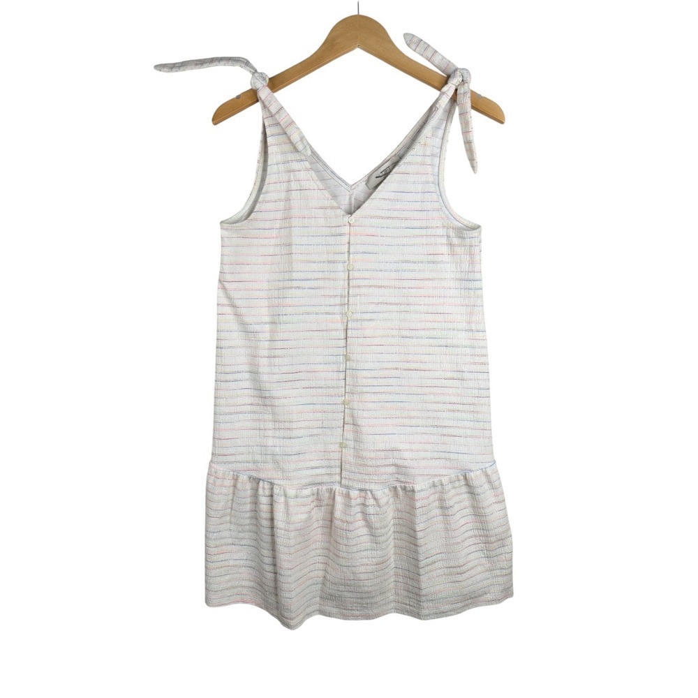LOFT Bow Strap Button Flounce Dress Ivory Multi Color Striped Size Small